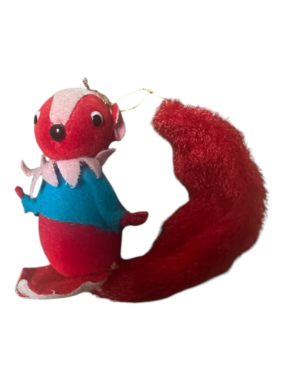 Vintage Red Plush Squirrel Ornament with Blue Jacket MCM Japan